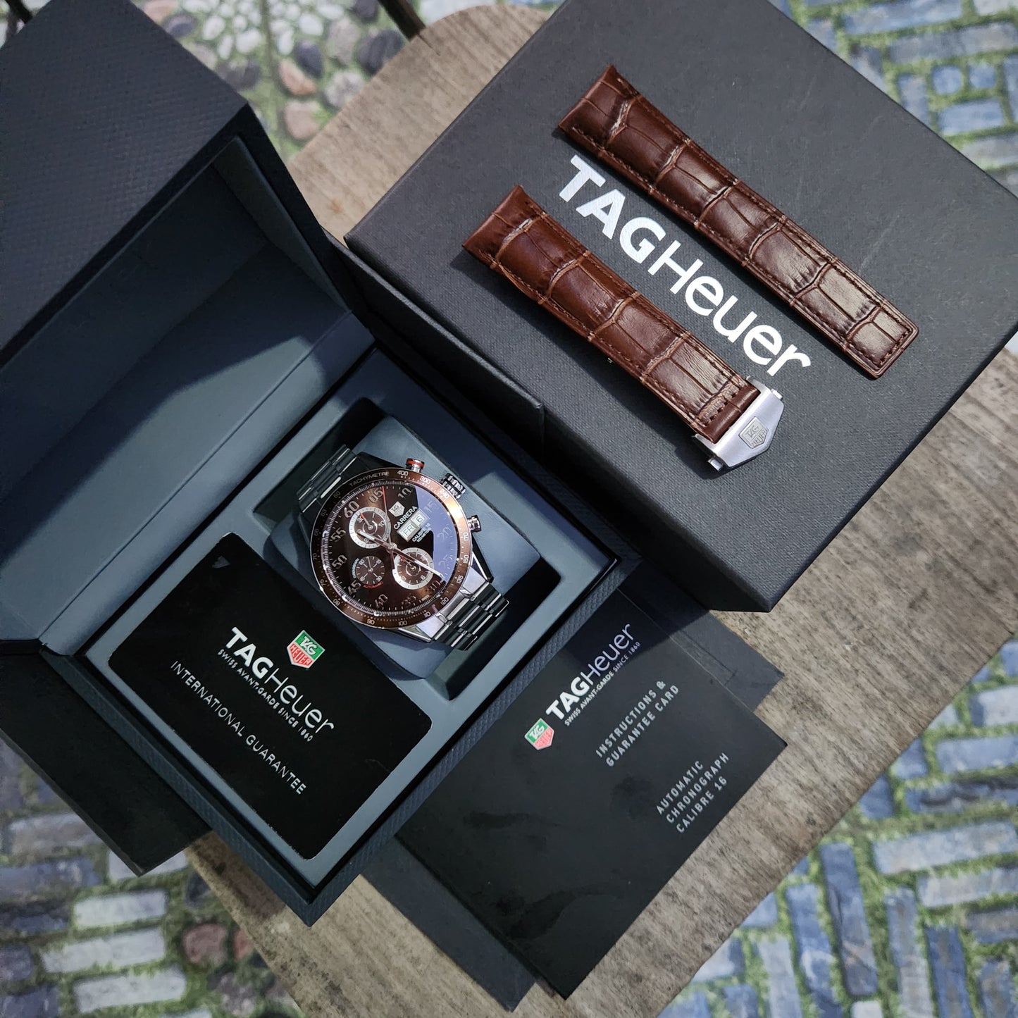 Tag Heuer Carrera Calibre 16 Day-Date Chronograph Steel Alu Bezel in Brown Dial 43mm - Complete Set