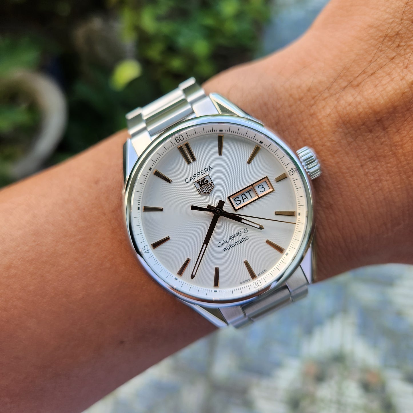 Tag Heuer Carrera Calibre 5 Day-Date Rose Gold Accents in White Dial 41mm - Complete Set