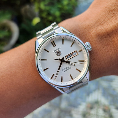 Tag Heuer Carrera Calibre 5 Day-Date Rose Gold Accents in White Dial 41mm - Complete Set