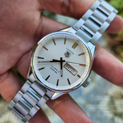 Tag Heuer Carrera Calibre 5 Day-Date Rose Gold Accents in White Dial 41mm - Complete Set