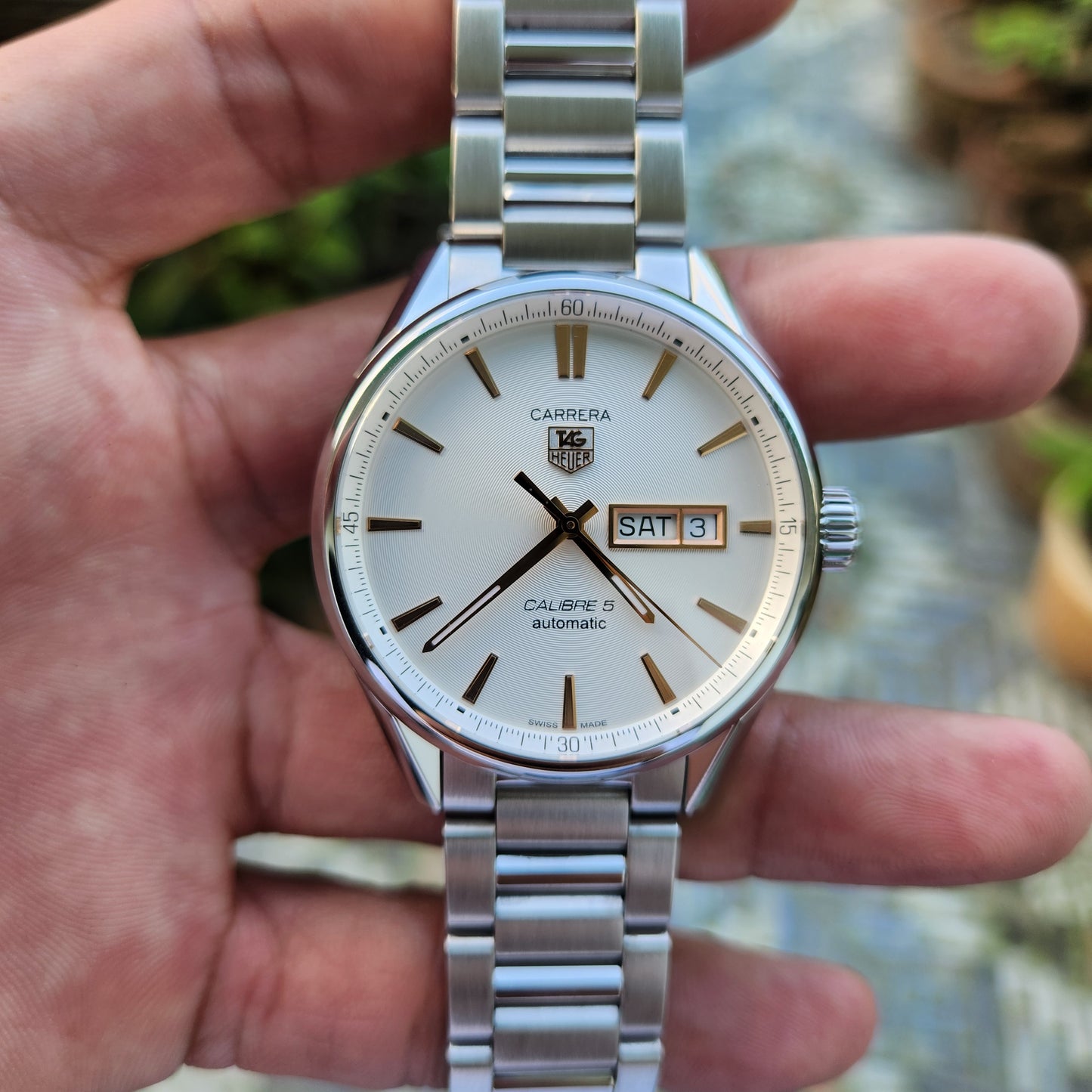 Tag Heuer Carrera Calibre 5 Day-Date Rose Gold Accents in White Dial 41mm - Complete Set