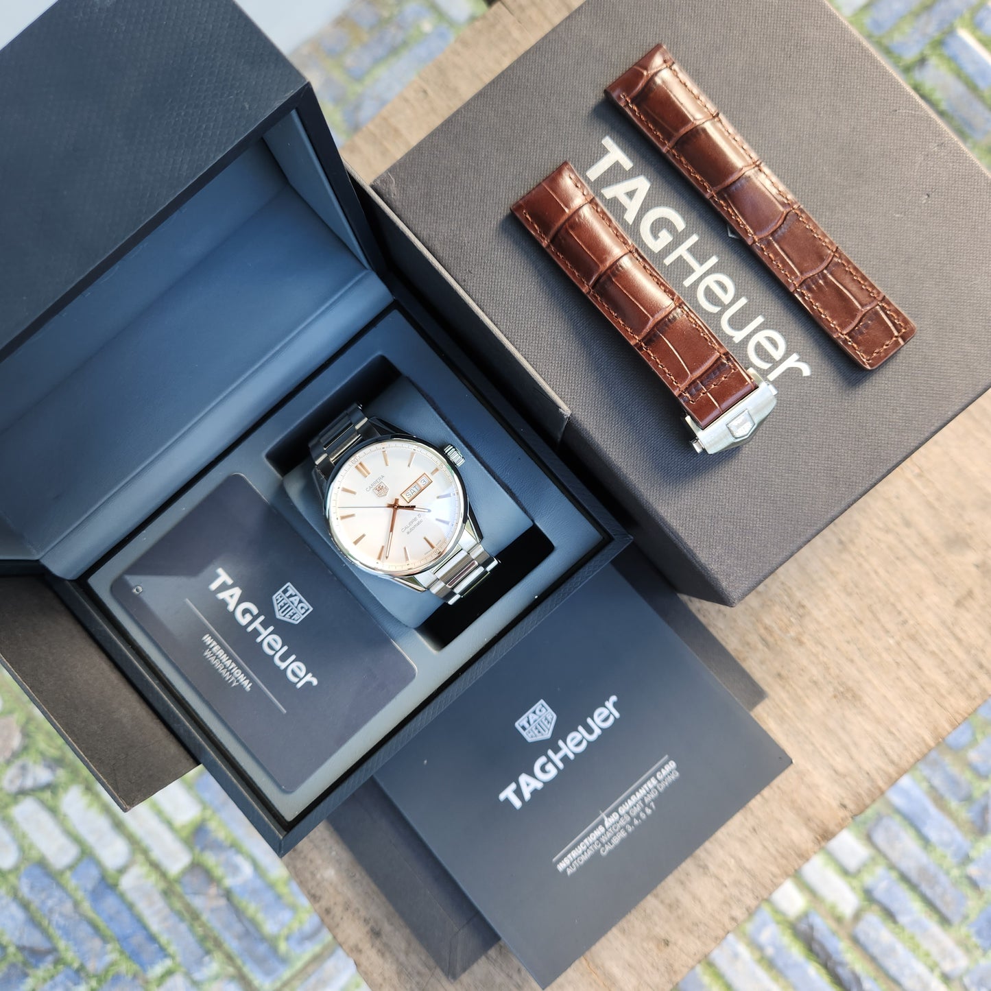 Tag Heuer Carrera Calibre 5 Day-Date Rose Gold Accents in White Dial 41mm - Complete Set