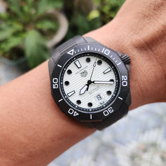 Tag Heuer Aquaracer Professional 300 Date Night Diver Ceramic Bezel in White Full Lume Dial 43mm - Complete Set