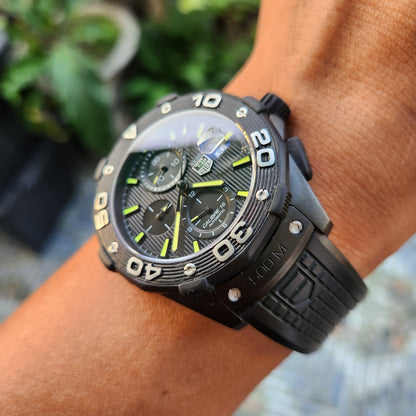 Tag Heuer Aquaracer Chronograph Calibre 16 Titanium PVD Black Engraved Stripes Dial 500M 44mm - Complete Set