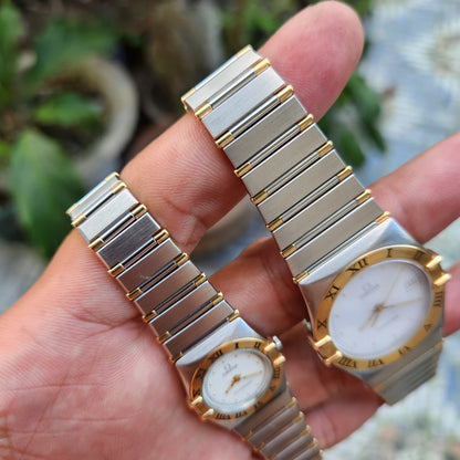 Omega Constellation 18k Solid Gold Bezel Two-Tone White Dial - His and Her