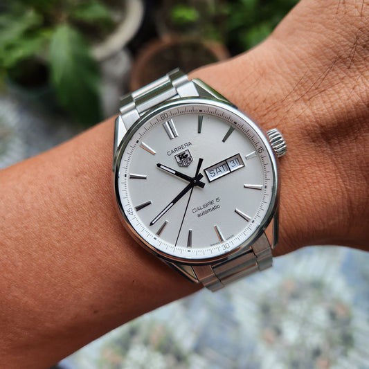 Tag Heuer Carrera Calibre 5 Day-Date Silver Indeces in White Azurage Dial 41mm - Complete Set