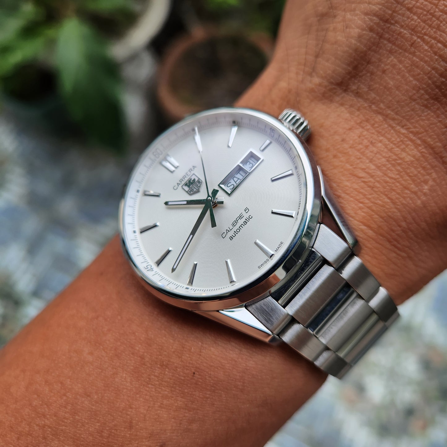Tag Heuer Carrera Calibre 5 Day-Date Silver Indeces in White Azurage Dial 41mm - Complete Set