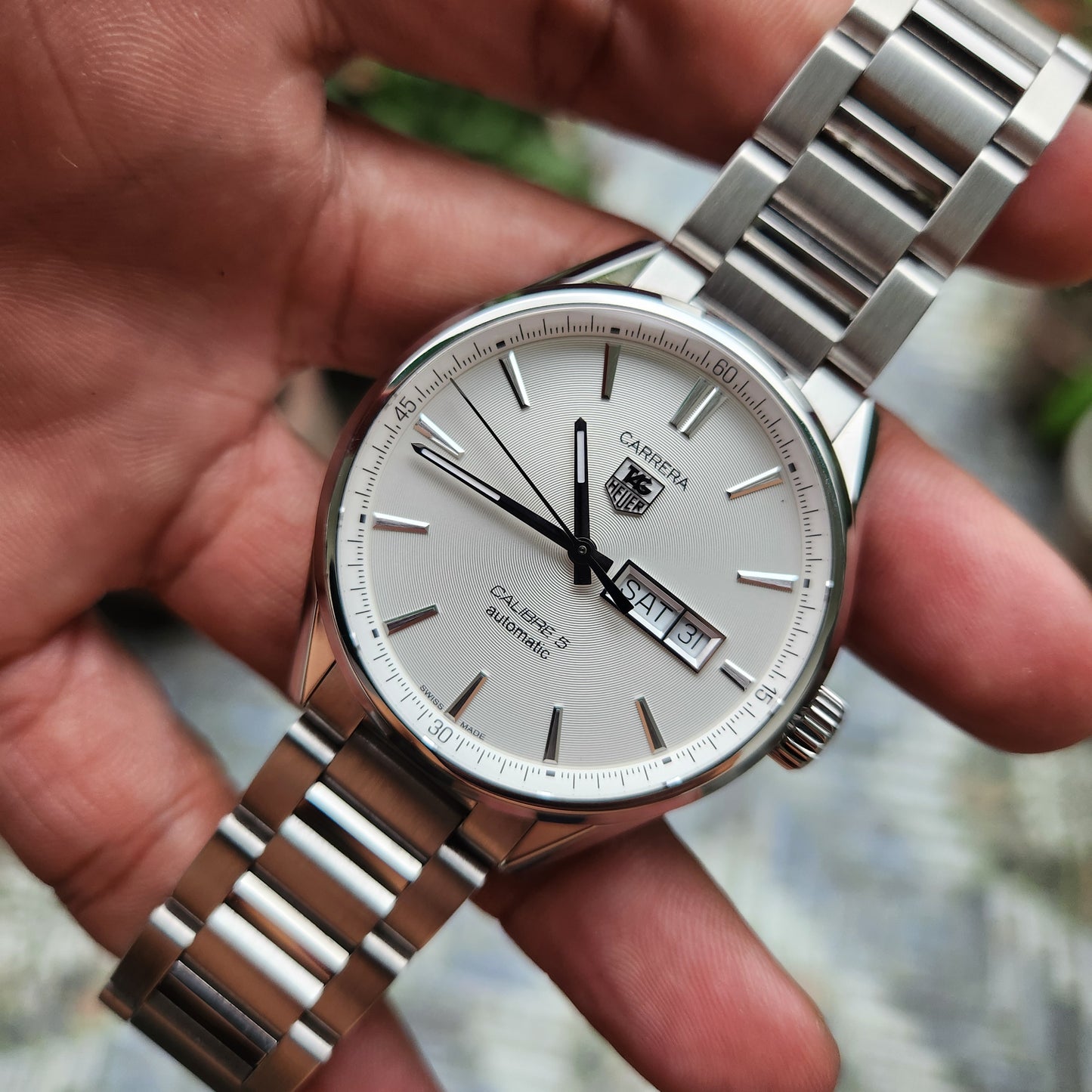 Tag Heuer Carrera Calibre 5 Day-Date Silver Indeces in White Azurage Dial 41mm - Complete Set