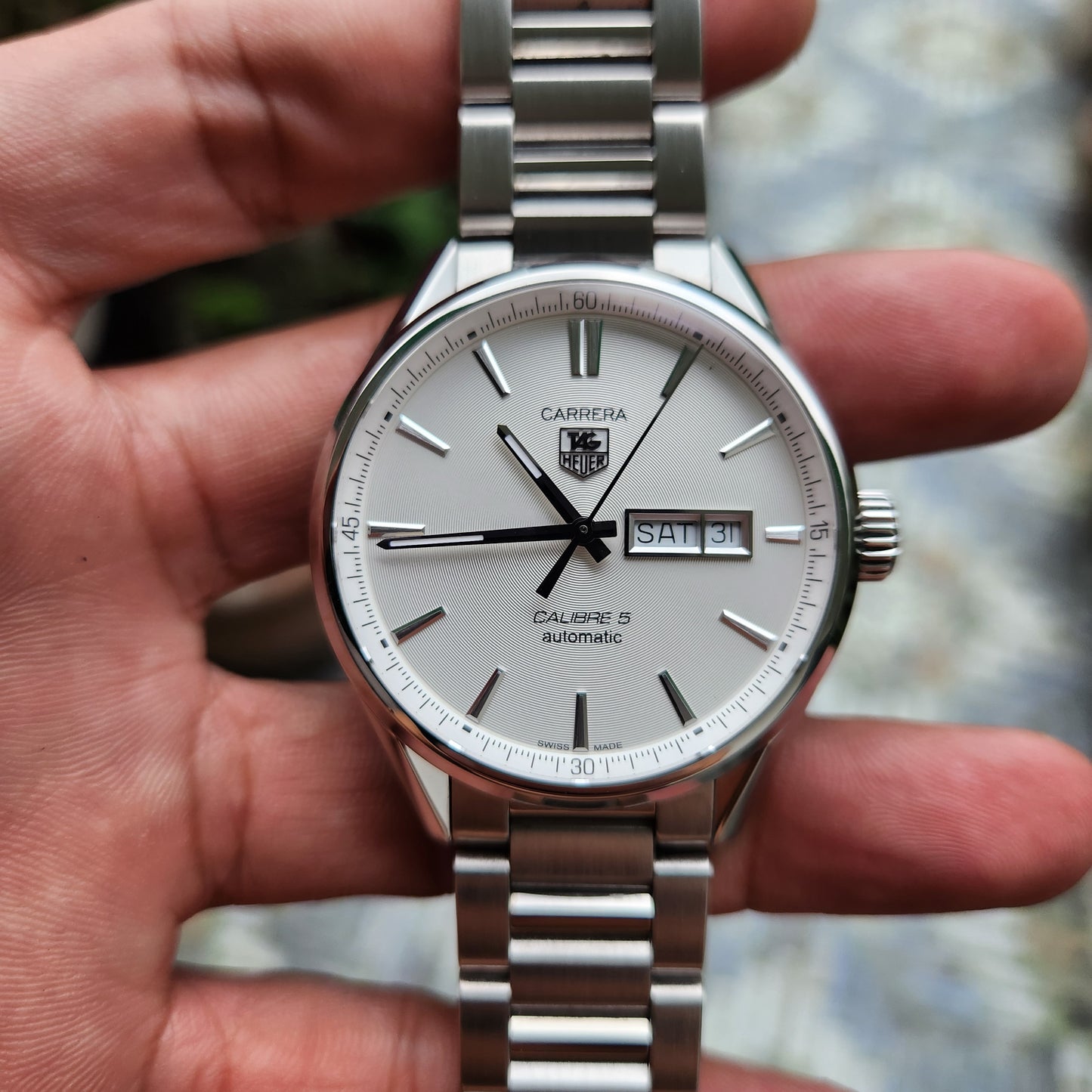Tag Heuer Carrera Calibre 5 Day-Date Silver Indeces in White Azurage Dial 41mm - Complete Set