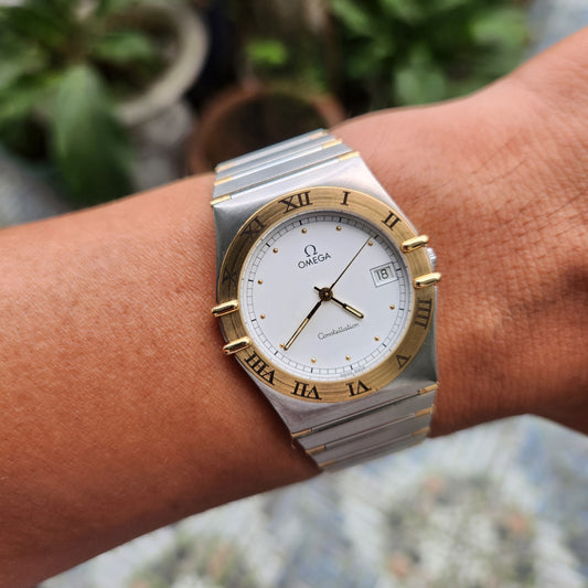 Omega Constellation 18k Solid Gold Bezel Two-Tone Midsize 34mm White Dial