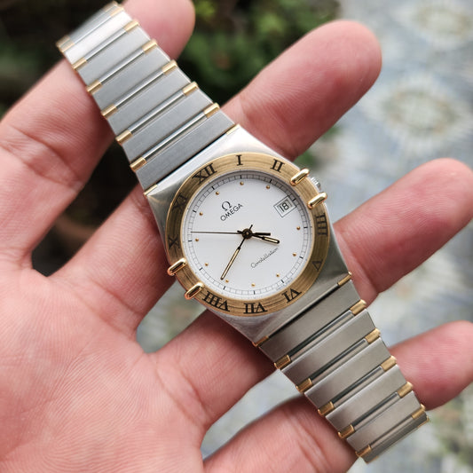 Omega Constellation 18k Solid Gold Bezel Two-Tone Midsize 34mm White Dial