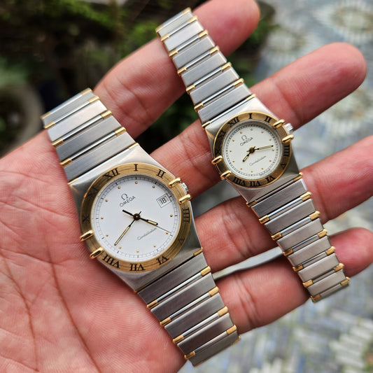 Omega Constellation 18k Solid Gold Bezel Two-Tone White Dial - His and Her