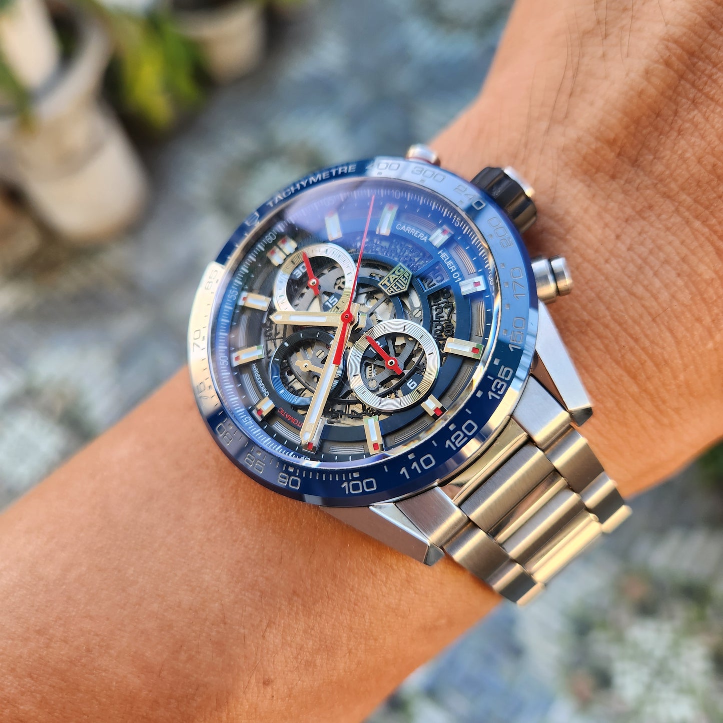 Tag Heuer Carrera Heuer 01 Chronograph Blue Ceramic Bezel in Skeleton Dial 43mm - Complete Set