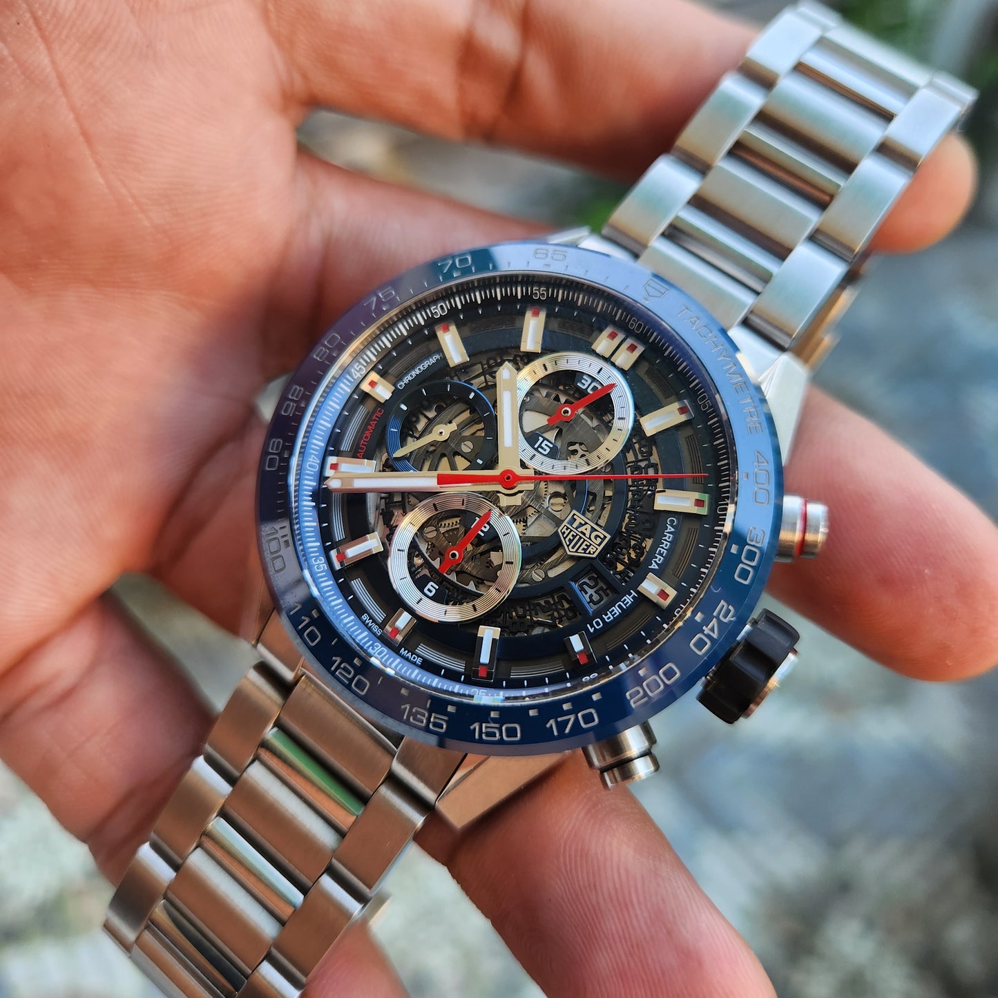 Tag Heuer Carrera Heuer 01 Chronograph Blue Ceramic Bezel in Skeleton Dial 43mm - Complete Set