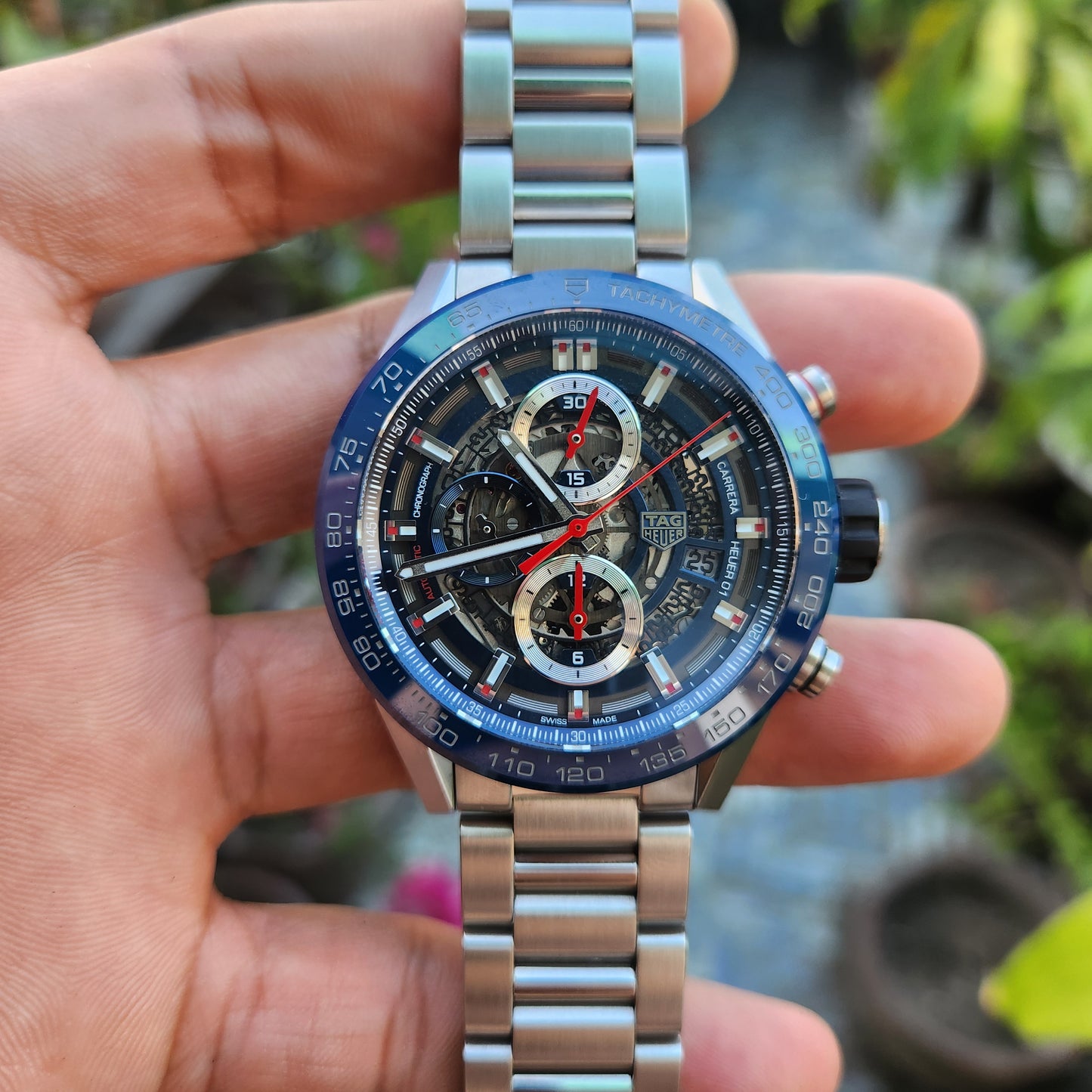 Tag Heuer Carrera Heuer 01 Chronograph Blue Ceramic Bezel in Skeleton Dial 43mm - Complete Set