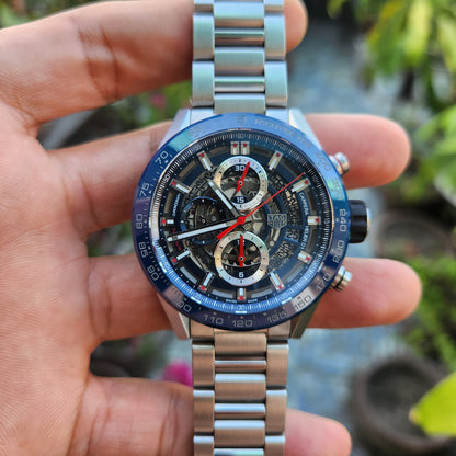 Tag Heuer Carrera Heuer 01 Chronograph Blue Ceramic Bezel in Skeleton Dial 43mm - Complete Set