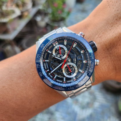 Tag Heuer Carrera Heuer 01 Chronograph Blue Ceramic Bezel in Skeleton Dial 43mm - Complete Set