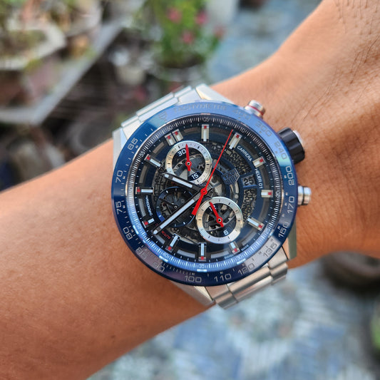 Tag Heuer Carrera Heuer 01 Chronograph Blue Ceramic Bezel in Skeleton Dial 43mm - Complete Set