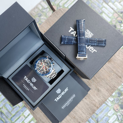 Tag Heuer Carrera Heuer 01 Chronograph Blue Ceramic Bezel in Skeleton Dial 43mm - Complete Set