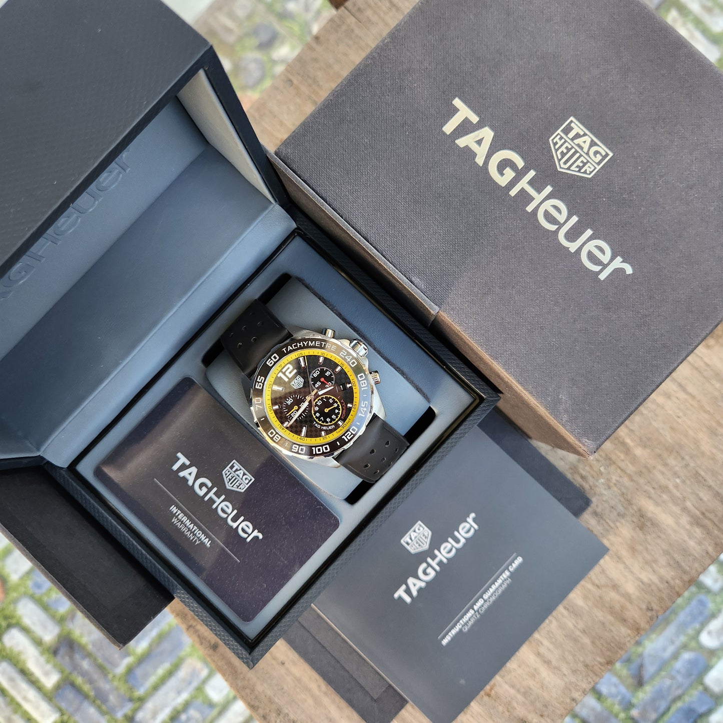 Tag Heuer F1 Chronograph Ceramic Bezel in Racy Carbon Fiber-Textured Dial 43mm - Complete Set