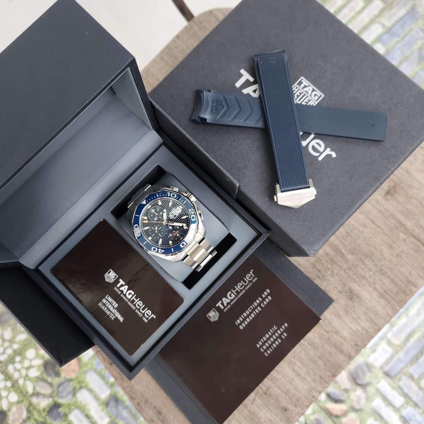 Tag Heuer Aquaracer Chronograph Calibre 16 Ceramic Bezel in Blue Dial 43mm - Complete Set