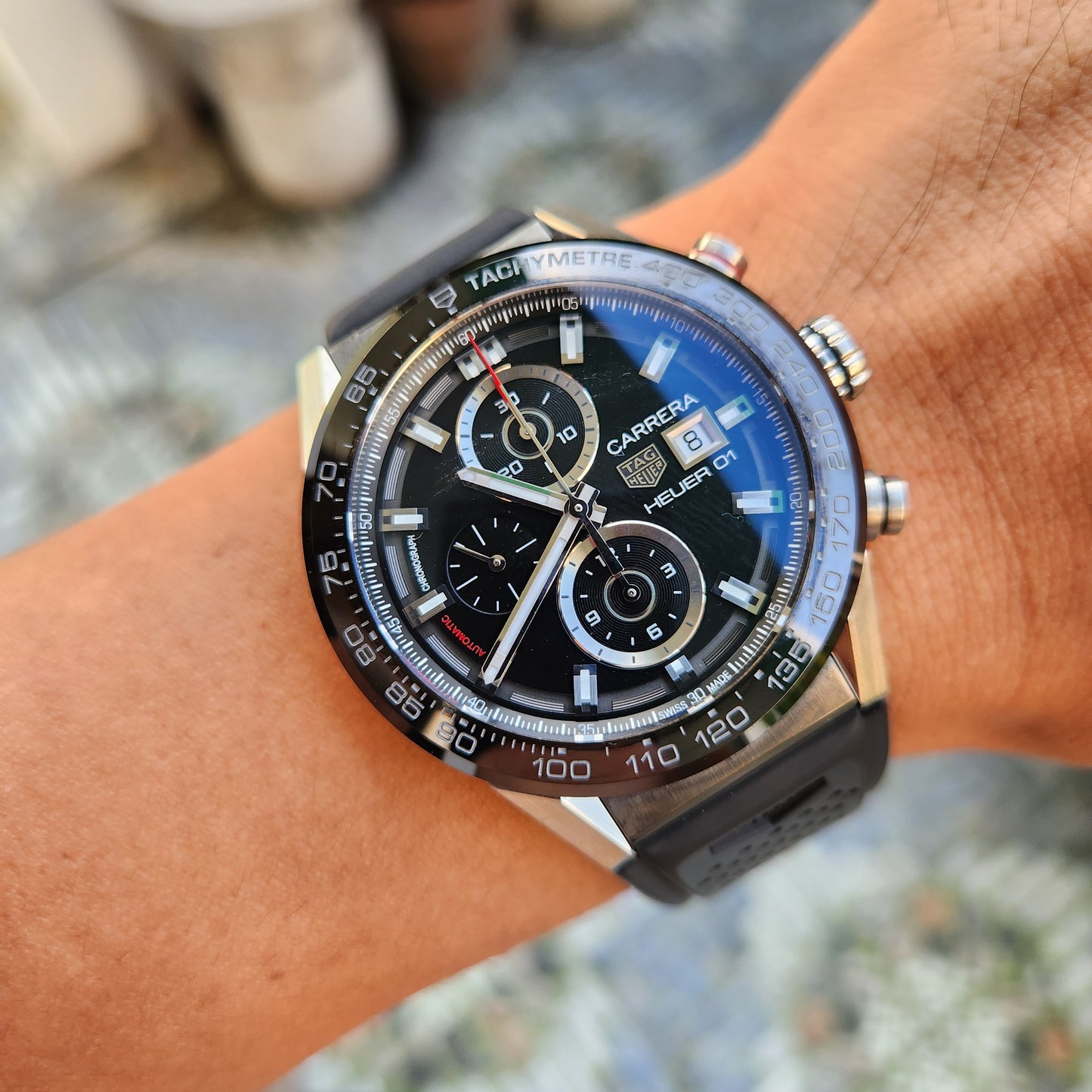 Tag Heuer Carerra Calibre Heuer 01 Chronograph Black Ceramic Bezel in Black Dial 43mm - Complete Set