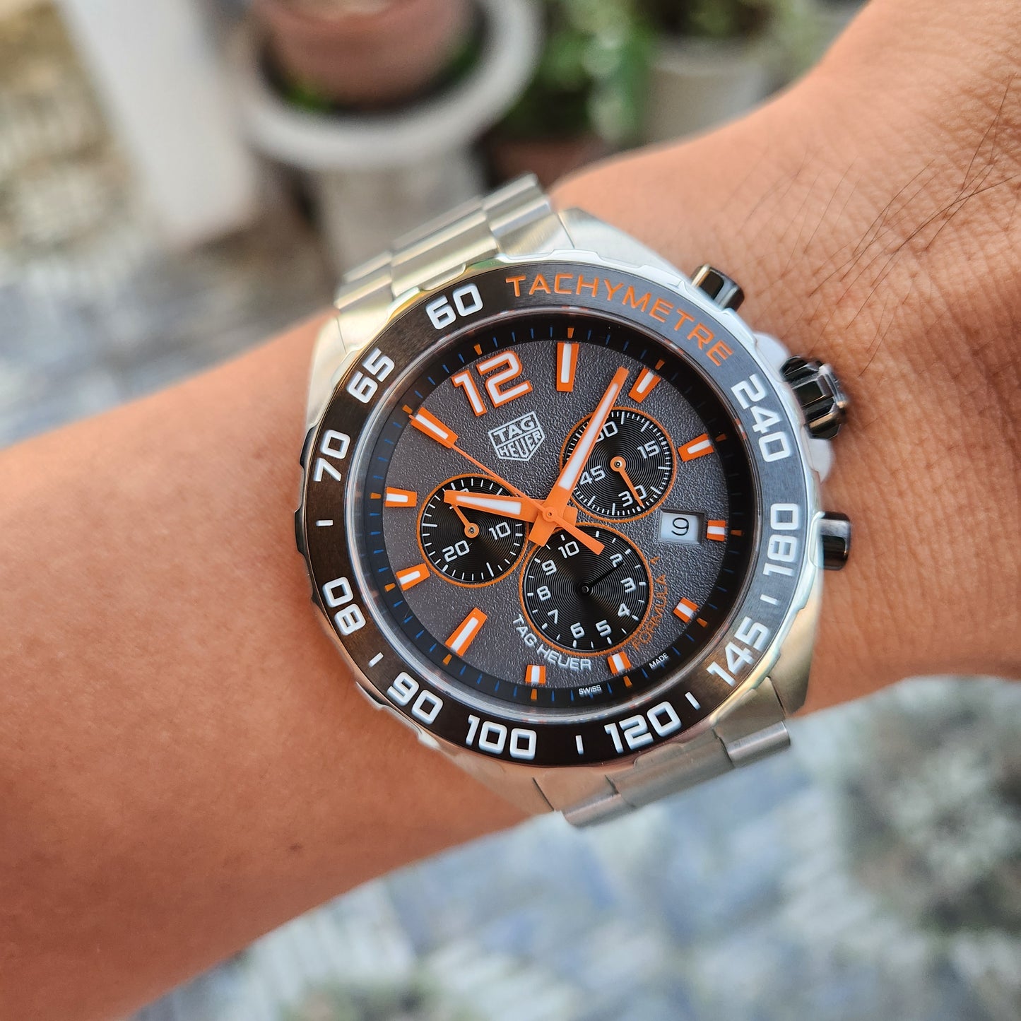Tag Heuer F1 Chronograph Ceramic Bezel with Orange Accents in Asphalt Grey Dial 43mm - Complete Set