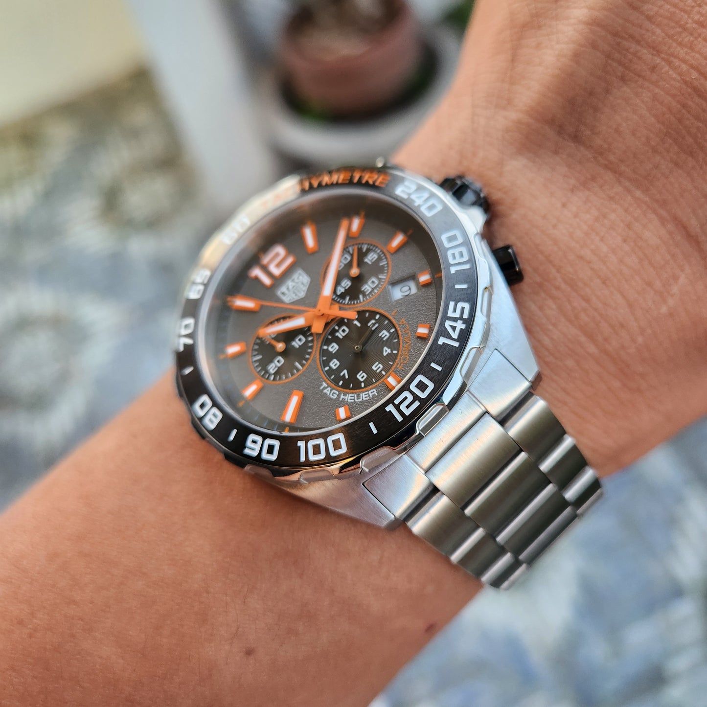 Tag Heuer F1 Chronograph Ceramic Bezel with Orange Accents in Asphalt Grey Dial 43mm - Complete Set
