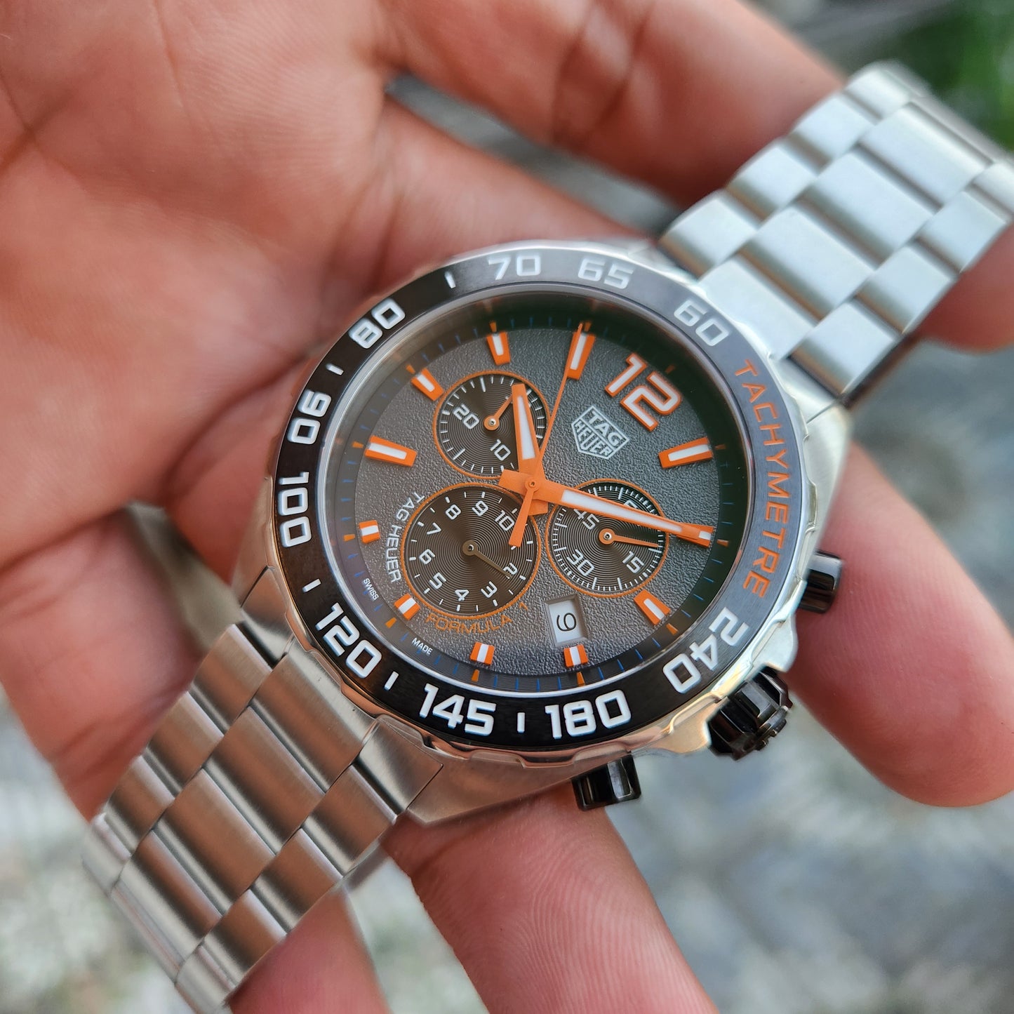 Tag Heuer F1 Chronograph Ceramic Bezel with Orange Accents in Asphalt Grey Dial 43mm - Complete Set