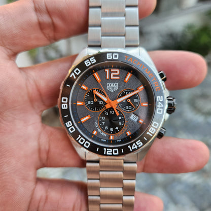 Tag Heuer F1 Chronograph Ceramic Bezel with Orange Accents in Asphalt Grey Dial 43mm - Complete Set
