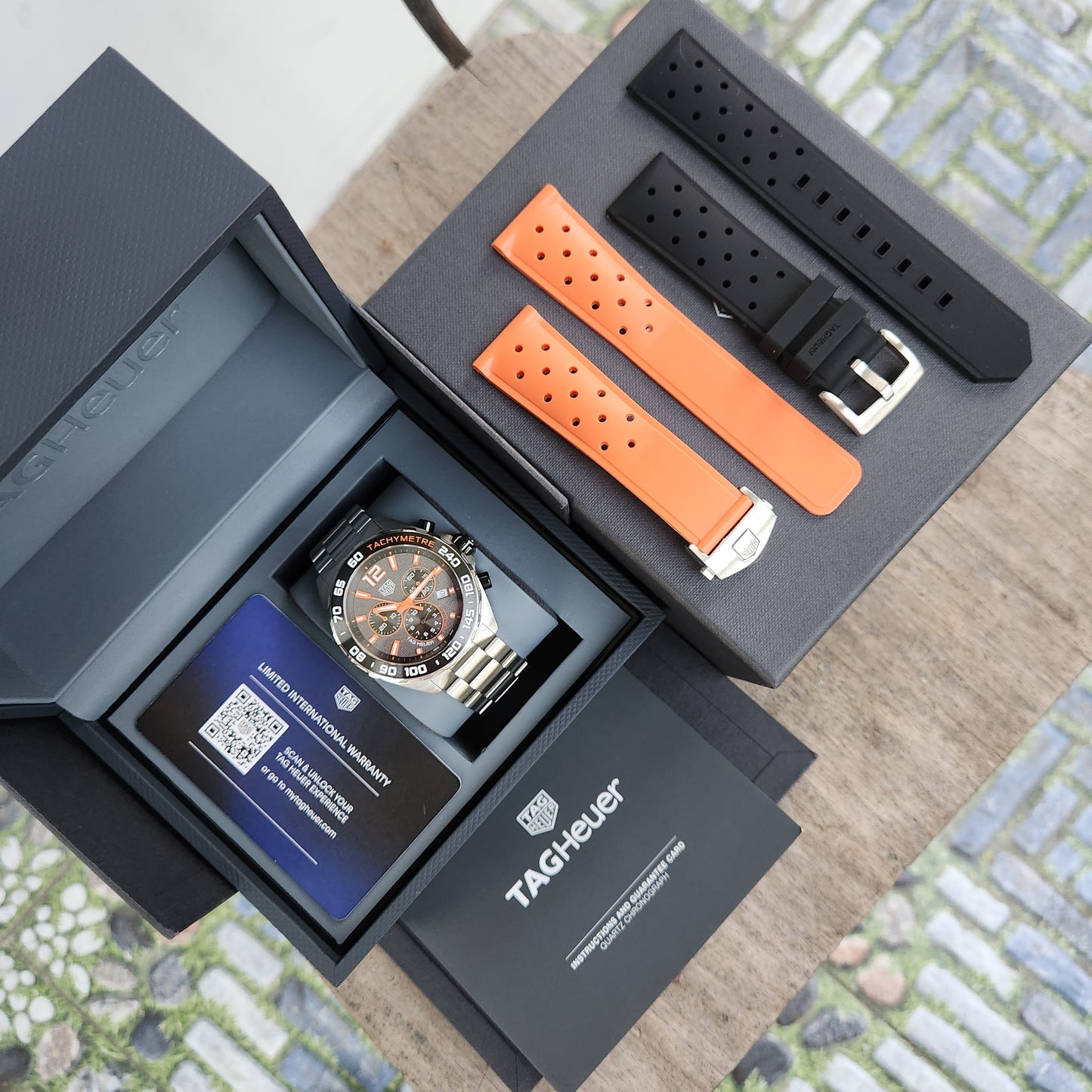 Tag Heuer F1 Chronograph Ceramic Bezel with Orange Accents in Asphalt Grey Dial 43mm - Complete Set
