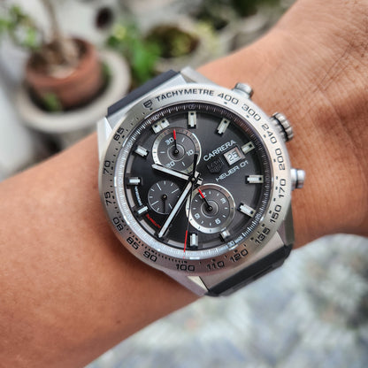 Tag Heuer Carerra Heuer 01 Chronograph Titanium in Black Sunray Grey Dial 43mm - Complete Set