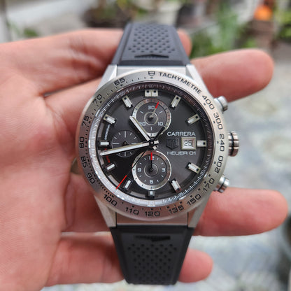 Tag Heuer Carerra Heuer 01 Chronograph Titanium in Black Sunray Grey Dial 43mm - Complete Set