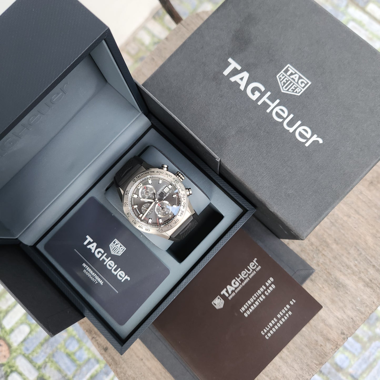 Tag Heuer Carerra Heuer 01 Chronograph Titanium in Black Sunray Grey Dial 43mm - Complete Set