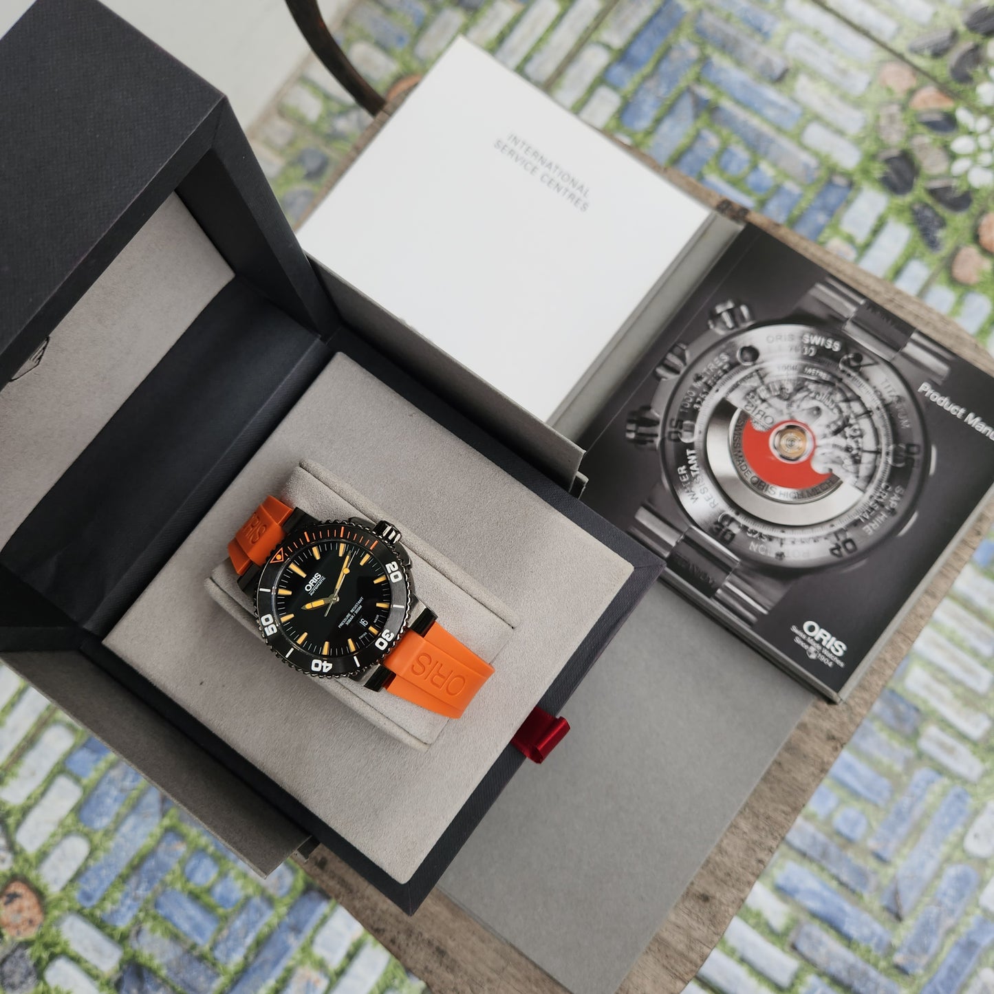 Oris Aquis Date Grey PVD case, Ceramic Bezel with Orange Accents in Black Dial 43mm