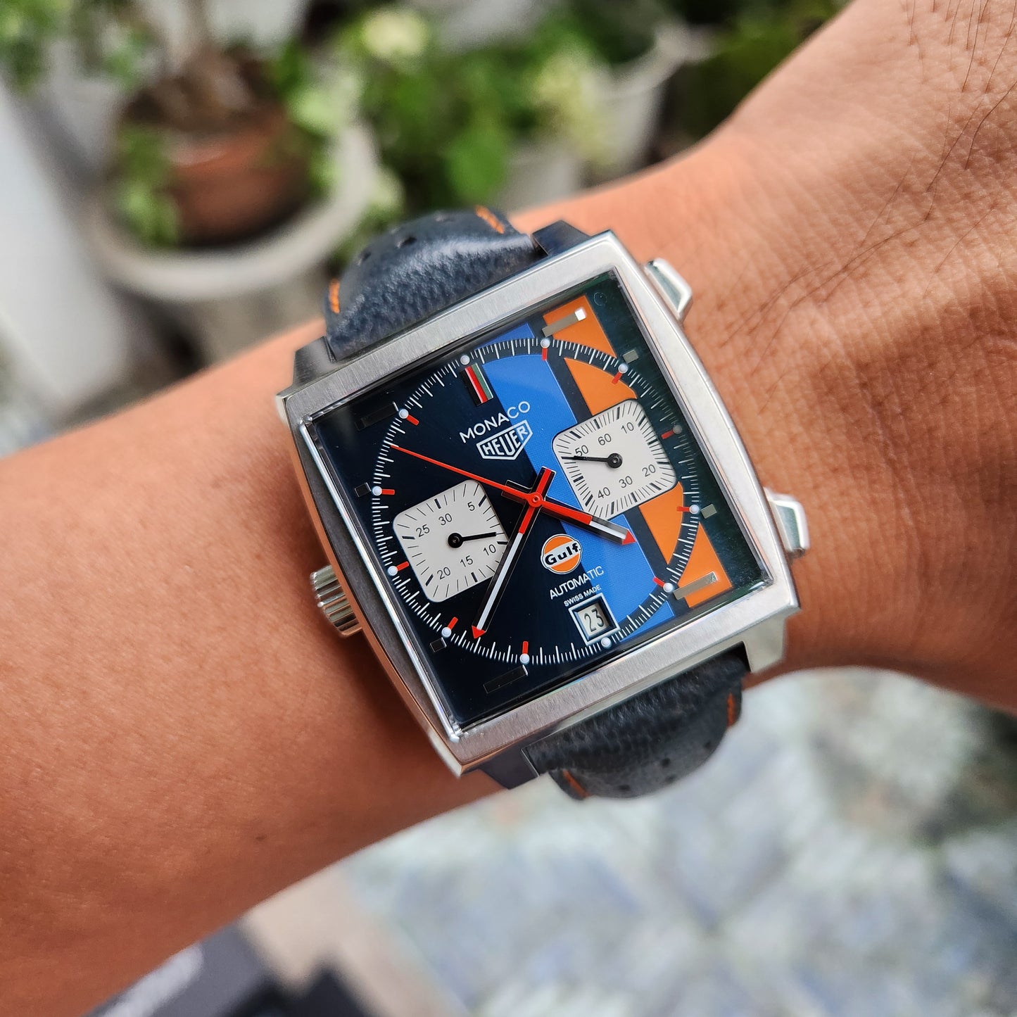 Tag Heuer Monaco Calibre 11 Gulf Special Edition Caliber 11 39mm in Blue/Orange Racing Stripes Dial