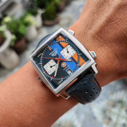 Tag Heuer Monaco Calibre 11 Gulf Special Edition Caliber 11 39mm in Blue/Orange Racing Stripes Dial