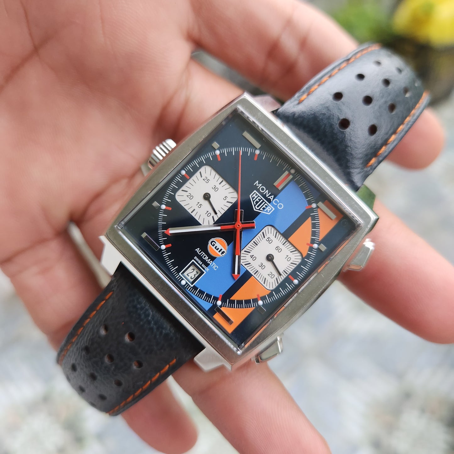 Tag Heuer Monaco Calibre 11 Gulf Special Edition Caliber 11 39mm in Blue/Orange Racing Stripes Dial