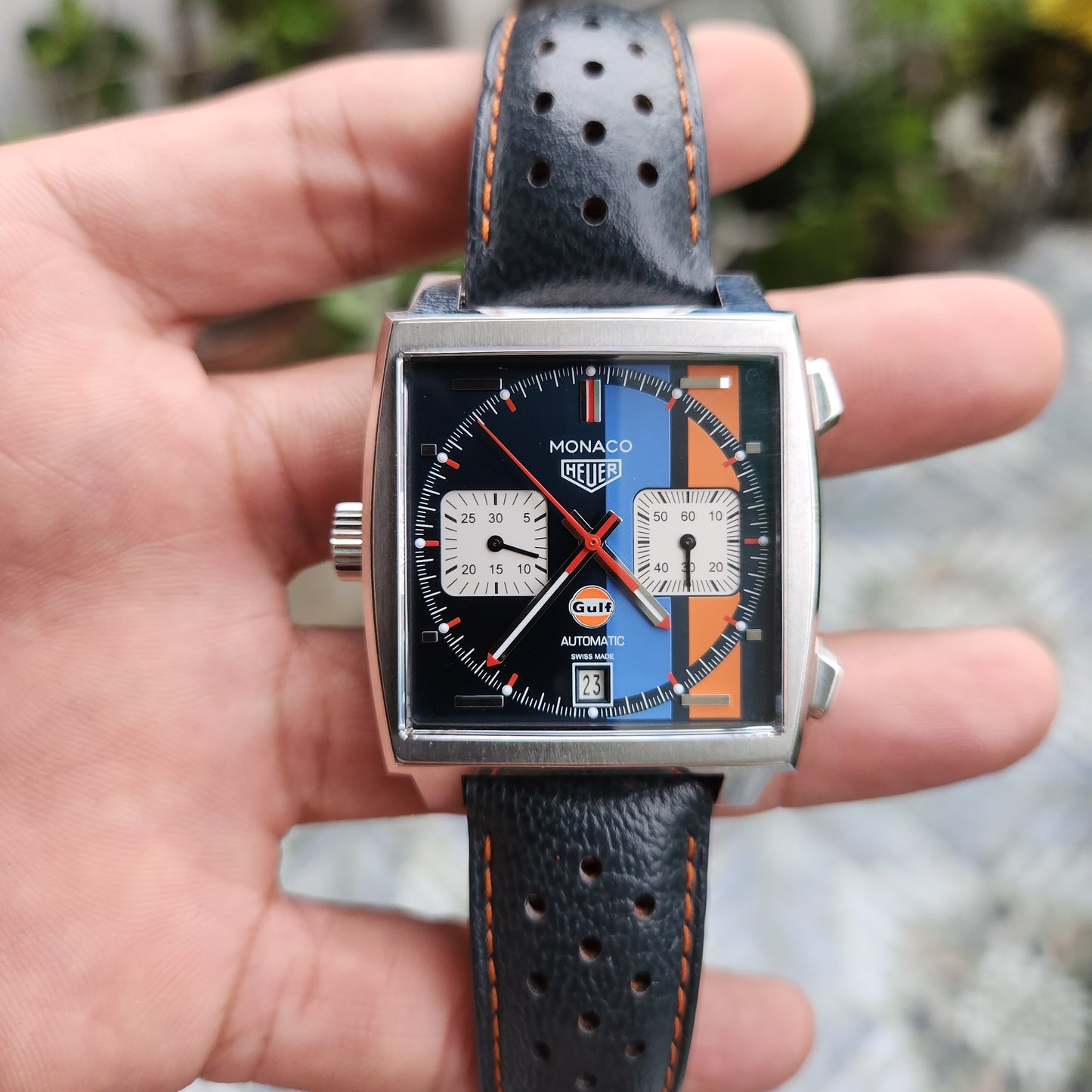 Tag Heuer Monaco Calibre 11 Gulf Special Edition Caliber 11 39mm in Blue/Orange Racing Stripes Dial