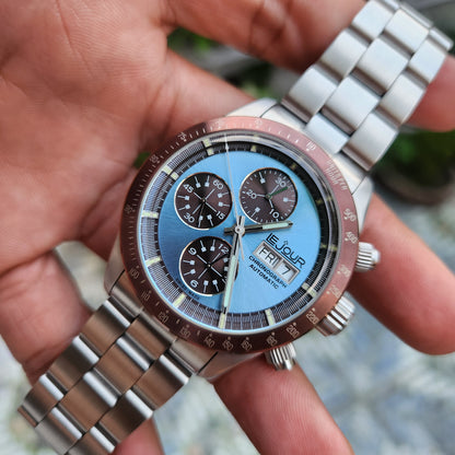 Le Jour Le Mans Chronograph Swiss Automatic in Blue Dial with Brown Bezel and Sub Dials 42mm