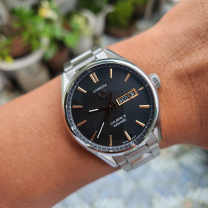 Tag Heuer Carrera Calibre 5 Day-Date Rose Gold Accents in Black Azurage Dial 41mm