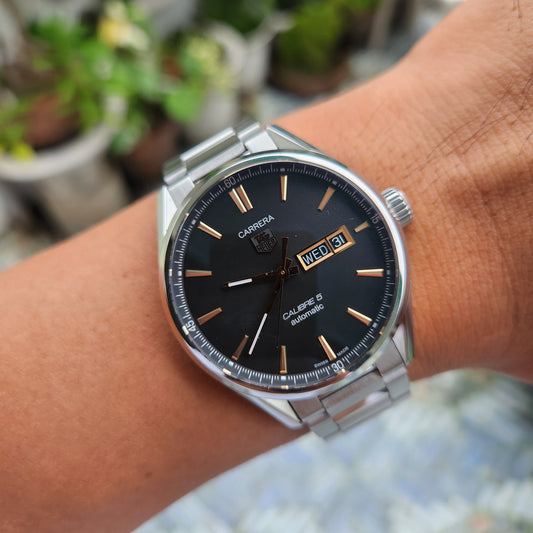 Tag Heuer Carrera Calibre 5 Day-Date Rose Gold Accents in Black Azurage Dial 41mm