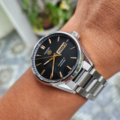 Tag Heuer Carrera Calibre 5 Day-Date Rose Gold Accents in Black Azurage Dial 41mm