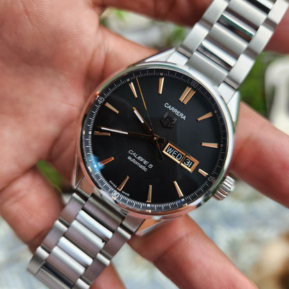 Tag Heuer Carrera Calibre 5 Day-Date Rose Gold Accents in Black Azurage Dial 41mm