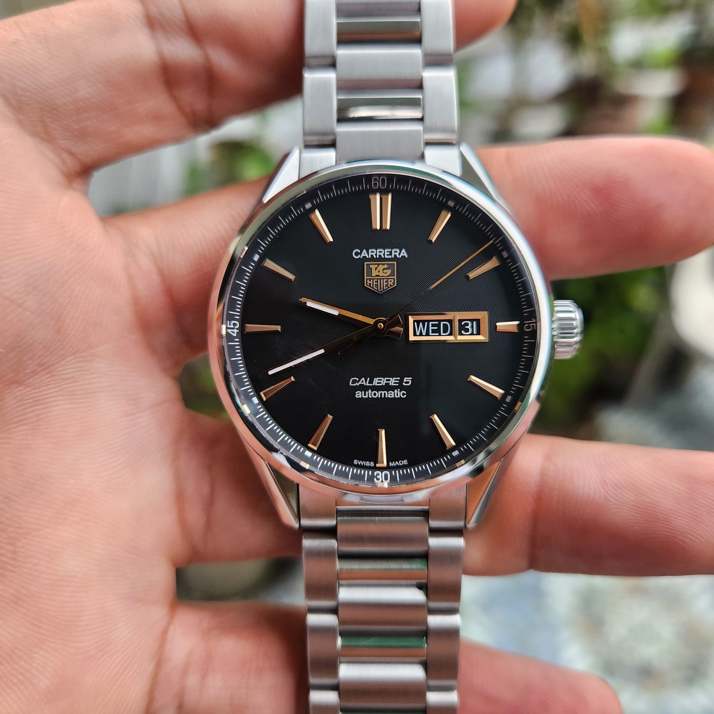 Tag Heuer Carrera Calibre 5 Day-Date Rose Gold Accents in Black Azurage Dial 41mm