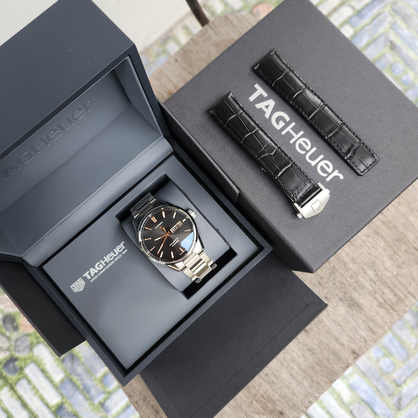 Tag Heuer Carrera Calibre 5 Day-Date Rose Gold Accents in Black Azurage Dial 41mm