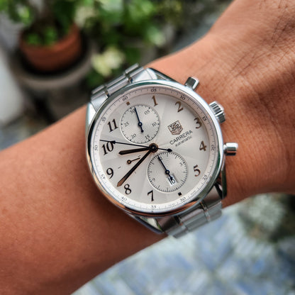 Tag Heuer Carrera Heritage Calibre 16 Chronograph in Rose Gold Arabic Markers in Silver Dial 41mm - Complete Set