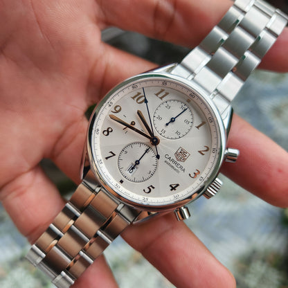 Tag Heuer Carrera Heritage Calibre 16 Chronograph in Rose Gold Arabic Markers in Silver Dial 41mm - Complete Set