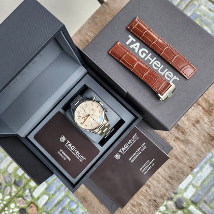Tag Heuer Carrera Heritage Calibre 16 Chronograph in Rose Gold Arabic Markers in Silver Dial 41mm - Complete Set