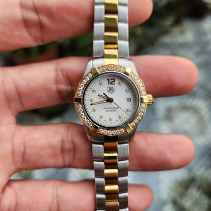 Tag Heuer Ladies Aquaracer Two-Tone 18k yellow gold Bezel in White Mother of Pearl Dial with Diamonds 27mm